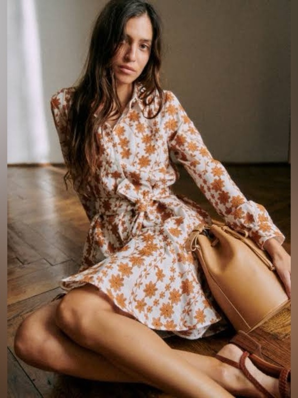 Sezane SOL Dress Size 12 White Camel Embroidered Shirt Dress New